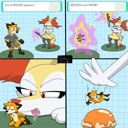anthro duo extreme_size_difference female imminent_vore male male/female micro shrinking size_difference size_transformation text transformation voregonzola nintendo pokemon gorg_(voregonzola) braixen canid canine fox generation_6_pokemon mammal pokemon_(species) 1:1 english_text hi_res