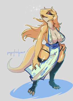 anthro asian_clothing big_breasts black_clothing black_legwear black_panties black_sclera black_thigh_highs black_underwear blonde_hair bra breasts clothing feet female fingers front_view grey_background hair hand_on_hip humanoid_feet humanoid_hands legwear long_hair looking_aside looking_up non-mammal_breasts open_mouth orange_eyes panties pelvic_curtain plantigrade pose simple_background sling_bra solo standing tan_body text thigh_highs thong_straps toes underwear wide_hips yellow_body parabellux frixiana_(parabellux) scalie artist_name colored full-length_portrait hi_res portrait shaded
