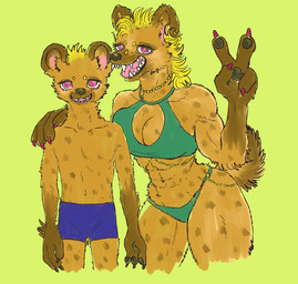 abs age_difference anthro big_breasts bikini blonde_hair bottomwear breasts brown_body brown_fur claws cleavage clothed clothing colored_nails duo ear_piercing ear_ring female fur gesture hair hand_gesture jewelry larger_female male muscular muscular_anthro muscular_female nails necklace older_female open_mouth piercing ring_piercing simple_background size_difference smaller_male smile spots swimwear teeth two-piece_swimsuit v_sign young younger_male kyokyota hyena mammal spotted_hyena 2019 absurd_res hi_res brother_(lore) brother_and_sister_(lore) sibling_(lore) sister_(lore)