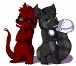 2_tails anthro big_tail black_body black_eyes black_fur chibi claws crossed_arms duo featureless_crotch fluffy fluffy_tail fur grin looking_at_viewer male markings multi_tail multicolored_body multicolored_fur red_body red_fur simple_background smile smug standing tail tail_mouth teeth toe_claws two_tone_body two_tone_fur unusual_anatomy unusual_tail white_background white_body white_fur zipper coyrin damien_(character) dj_(character ailurid canid canine canis hybrid mammal red_panda tailmouth_(species) wolf absurd_res hi_res