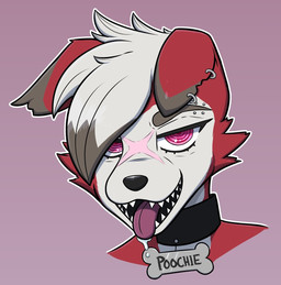 anthro bangs bodily_fluids cheek_tuft collar drooling ear_piercing ear_ring eyebrow_piercing facial_piercing facial_scar facial_tuft fangs male name_tag notched_ear open_mouth piercing ring_piercing rinnegan saliva sassy scar solo teeth tongue tongue_out tuft mara_the_ravenous nintendo pokemon fan_character canid canine generation_7_pokemon lycanroc mammal midnight_lycanroc pokemon_(species) hi_res