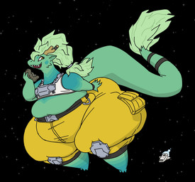 3_toes 5_fingers accessory anthro antlers armor asteroid belly belt belt_buckle big_belly big_butt biped black_belt blush bottom_heavy bottomwear breastplate buckle butt cargo_pants clothing eating feet female female_anthro fingers fur fur_tuft furgonomics green_body green_ears green_fur green_hair green_tail green_tuft hair horn huge_butt huge_thighs hyper hyper_thighs knee_pads leg_markings long_tail macro markings midriff obese obese_anthro obese_female open_mouth open_smile overweight overweight_anthro overweight_female pants pointy_ears ponytail prick_ears pupils sharp_teeth shirt smile snout socks_(marking) solo space spacecraft tail tail_accessory tail_tuft tailband tank_top teal_blush teal_markings teeth thick_thighs tight_clothing toes topwear tuft vehicle white_clothing white_shirt white_tank_top white_topwear yellow_eyes yellow_pupils unknown_artist mythology jaya_(ultiudon) dragon furred_dragon furred_scalie mythological_creature mythological_scalie scalie hi_res