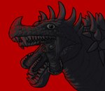 anguirus body_horror bone carapace clothing costume facial_horn feral godzilla_(series) horn horror_(theme) human kaiju male mammal monster mr_dinobutt nasal_horn nose_horn red_background sharp_teeth simple_background skull solo spikes spikes_(anatomy) split_jaw suit teeth the_man_in_the_suit_(series) toho