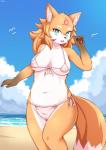 2019 absurd_res anthro beach bikini breasts camel_toe canid canine clothed clothing cloud female fox foxteru fur green_eyes hi_res looking_at_viewer mammal open_mouth orange_body orange_fur sand seaside sky solo swimwear water white_body white_fur