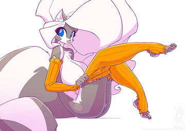 anthro armwear breasts clothing dressing_self elbow_gloves female gloves hair handwear leg_warmers legwear looking_at_viewer sitting solo conditional_dnp jollyjack chloe_sinclaire mammal mephitid skunk 2026