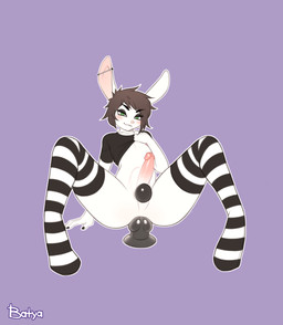 abdominal_bulge anal anal_penetration anthro arm_support balls bangs big_penis black_dildo black_eyelids black_hair blush clothed clothing clothing_lift dildo dildo_in_ass dildo_insertion ear_piercing erection genitals green_eyes hair humanoid_genitalia humanoid_penis knot knotted_dildo legwear male object_in_ass pattern_clothing pattern_legwear pattern_stockings penetration penis piercing pink_nose sex_toy sex_toy_in_ass sex_toy_insertion shirt shirt_lift short_hair simple_background solo spread_legs spreading stockings striped_clothing striped_legwear striped_stockings stripes topwear vein veiny_penis batya lagomorph leporid mammal rabbit 2020 absurd_res colored colored_sketch flat_colors hi_res sketch