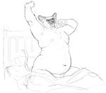 anthro bed bedding belly_overhang blanket chest_tuft double_chin eyes_closed fupa furniture male moobs nude open_mouth overweight overweight_male slightly_chubby solo stretching tuft yawn cettus whaleoil1 karras_lafontaine domestic_cat felid feline felis mammal siamese monochrome sketch