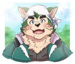 anthro blush clothing eyebrows green_clothing kerchief male neck_tuft slightly_chubby solo thick_eyebrows tuft kosei_ginshari okmt_redbull lifewonders live_a_hero mokdai canid canine canis domestic_dog mammal bust_portrait hi_res portrait