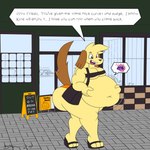 anthro big_butt blonde_hair butt clothed clothing crossdressing fur hair huge_butt male overweight overweight_anthro overweight_male sentient_fat text tight_clothing vore weight_gain yellow_body yellow_fur dirtymac canid canine canis domestic_dog mammal 1:1 absurd_res english_text hi_res