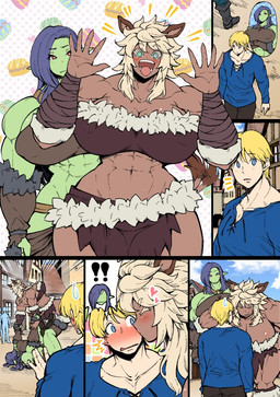 abs bare_shoulders big_breasts blue_clothing blue_eyes blue_shirt blue_topwear blush breasts brown_body brown_clothing brown_fur building butt cleavage clothed clothing collarbone curvy_figure dark_body dark_skin day envy eyebrow_through_hair eyebrows female female_focus fur glistening glistening_body glistening_skin green_body green_skin group hair happy heart_symbol house huge_breasts humanoid_pointy_ears jealous kissing kissing_cheek larger_female larger_humanoid long_hair male monster_girl_(genre) motion_lines muscular muscular_female muscular_humanoid navel nipple_outline outside pink_tongue pointy_ears pupils purple_hair red_eyes shirt size_difference smaller_human smaller_male tail tail_motion tail_tuft tailwag tan_hair thick_thighs tongue topwear translucent translucent_hair tuft voluptuous white_pupils wide_hips wraps wrestling wrist_wraps amano_jack animal_humanoid human humanoid mammal orc 2019 comic