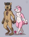 anthro blue_eyes brown_body brown_fur duo female fur male pink_body pink_fur pink_nose romantic romantic_couple walking go_kart_(artist) felicity_fluff canid canine canis domestic_dog hyde hyena mammal spotted_hyena hi_res