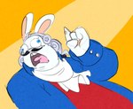 4_fingers anthro bent_arm black_facial_hair black_hair_bow black_mustache blue_clothing blue_eyes blue_suit clothed clothed_anthro clothed_male clothing cravat curly_hair derp_eyes eyelashes facial_hair fingers fur grey_hair hair hand_pawpads long_ears male male_anthro mustache no_eyebrows noseless overweight overweight_anthro overweight_male pawpads pink_tongue red_clothing red_shirt red_topwear shirt simple_background solo suit tan_inner_ear tan_pawpads teeth tongue tooth_gap topwear white_body white_cravat white_fur randomrabbidramblings mario_bros mario_plus_rabbids_kingdom_battle nintendo raving_rabbids rayman_(series) ubisoft phantom_of_the_bwahpera ghost lagomorph mammal rabbid spirit 2025 colored_sketch crossover english_description flat_colors half-length_portrait portrait sketch