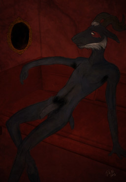 anthro black_body black_fur blind body_hair disability facial_hair foreskin fur genitals horn lying male mature_male penis pubes scruffymutty solo anthroterra mordecai_(anthroterra) bovid caprine caprine_demon demon goat goat_demon mammal hi_res