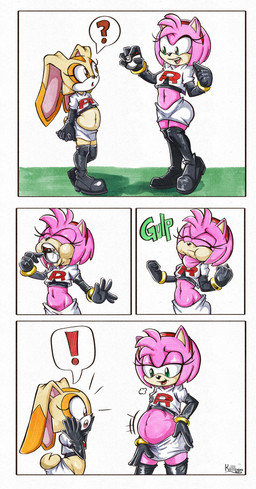 anthro belly bottomwear clothing duo female gloves green_eyes handwear object_vore pink_body pokeball skirt vore white_clothing killboo nintendo pokemon sega sonic_the_hedgehog_(series) team_rocket amy_rose cream_the_rabbit eulipotyphlan hedgehog lagomorph leporid mammal rabbit 2025 absurd_res comic hi_res