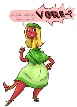 anthro belly blonde_hair clothing female green_clothing hair hat headgear headwear red_body simple_background solo speech_bubble text white_background grindaviking nightmarebros scalie_schoolie esmerelda_(scalie_schoolie) reptile scalie snake 2018