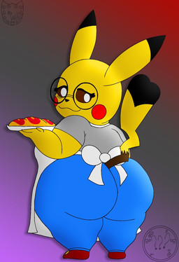 anthro apron big_butt black_tip_tail black_tipped_ears bottomwear bowl breasts brown_eyes brown_sclera butt clothing container denim denim_bottomwear denim_clothing elderly eyewear female food footwear glasses gradient_background happy huge_butt jeans ketchup looking_at_viewer looking_back omelette pants pupils red_cheeks shirt shoes simple_background small_breasts smile solo topwear white_pupils yellow_body cptwill64_(artist) nintendo pokemon generation_1_pokemon pikachu pokemon_(species) hi_res watermark