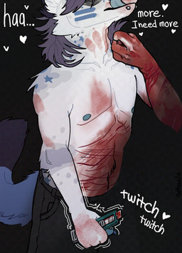blood blood_on_face blood_on_mouth bodily_fluids bottomwear box_cutter clothed clothing denim denim_bottomwear denim_clothing gore hair heart_symbol jeans knife licking licking_blood licking_lips looking_pleasured male pants partially_clothed raised_tail self-harm slim solo star_symbol tail text tongue tongue_out topless twitching white_body mothaala maelynn_(mothaala) canid canine canis hybrid mammal wolfdog absurd_res english_text hi_res