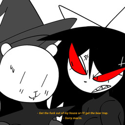 accessory anthro black_hair breasts clothing cross cross-popping_vein duo female female/female female_anthro front_view grey_clothing grey_hat grey_headwear hair hair_accessory hairclip hat headgear headwear inverted_cross inverted_cross_hair_clip looking_at_another narrowed_eyes red_sclera sharp_teeth simple_background teeth text white_background white_body white_ears yellow_text xarop77 catwitch_(xarop77) bear domestic_cat felid feline felis mammal 1:1 2025 digital_drawing_(artwork) digital_media_(artwork) english_text hi_res subtitled