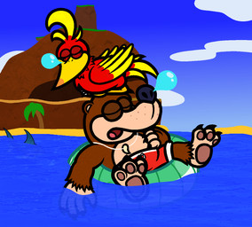 3_toes 4_fingers ambiguous_feral ambiguous_gender anthro beach beak bent_arm black_claws blue_body blue_nose blue_skin blue_sky brown_body brown_fur brown_pawpads claws clothed clothed_anthro clothed_male clothing cloud day duo_focus eyelashes eyes_closed feathered_wings feathers feet female female_feral feral finger_claws fingers folded_wings fur group hand_on_own_chest inflatable inner_tube island light male male_anthro multicolored_body multicolored_feathers nose_bubble outside palm_tree partially_submerged pawpads plant pool_tube red_body red_clothing red_feathers red_swimming_trunks red_swimwear red_wings sea seaside shirtless_anthro shirtless_male sitting sitting_on_another sky sleeping swim_ring swimming swimming_trunks swimwear tail tail_feathers tan_body tan_inner_ear tan_skin toe_claws toes tooth_necklace tree trio two_tone_body two_tone_feathers two_tone_wings water whisker_spots white_claws wings yellow_beak yellow_tail captainquack64 banjo-kazooie rareware banjo_(banjo-kazooie) kazooie aquatic avian bear breegull fish mammal shark 2025 colored digital_drawing_(artwork) digital_media_(artwork) english_description hi_res lighting