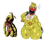 anthro areola ball_joints beak beakless bib big_breasts black_sclera blood blush blush_lines bodily_fluids breasts brown_areola brown_nipples clothing doll_joints duo exposed_endoskeleton feathers female fingers genitals head_feathers head_tuft huge_breasts looking_at_viewer machine navel nipples overweight overweight_female panties pink_clothing pink_panties pink_underwear purple_eyes pussy rosy_cheeks simple_background thick_thighs tuft underwear white_background white_eyes wide_hips wire yellow_body yellow_feathers voideyedpanda five_nights_at_freddy's five_nights_at_freddy's_2 scottgames toy_chica_(fnaf) withered_chica_(fnaf) animatronic avian bird chicken galliform gallus_(genus) phasianid robot 2025 digital_media_(artwork) hi_res