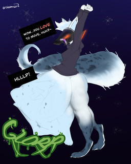 abdominal_bulge ambiguous_gender anthro belly belly_overhang big_belly big_butt blue_body blue_fur bodily_fluids body_outline bubble_butt butt butt_focus clothing cosmic_background duo female fluffy fluffy_tail fur glowing glowing_eyes hair head_tuft machine male male/male markings mask multicolored_body multicolored_fur navel onomatopoeia oral_vore overweight overweight_anthro overweight_female overweight_male overweight_pred purple_sweatshirt purple_tongue red_eyes screen screen_face silly simple_background size_difference solo sound_effects space space_background spots spotted_body spotted_fur tail talking_to_another talking_to_prey taunting text tongue tuft twitter_handle unseen_prey vore wearing_mask white_body white_fur troppygutz ninten(troppygutz) humanoid mammal protogen robot robot_anthro robot_humanoid 2025 4:5 absurd_res artist_name comic digital_media_(artwork) digital_painting_(artwork) english_description english_text hi_res painting_(artwork) sequence shaded soft_shading watermark