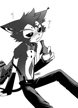 anthro clothed clothing drunk hat headgear headwear male simple_background solo substance_intoxication suspenders white_background enaic31 hazbin_hotel hellaverse husk_(hazbin_hotel) demon domestic_cat felid feline felis mammal absurd_res greyscale hi_res monochrome portrait three-quarter_portrait