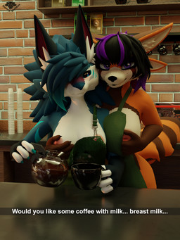 alternative_fashion anthro areola areola_slip blue_body blue_claws blue_fur blush breast_squish breasts cafe claws clothing detailed_background duo embarrassed eyeliner female freckled_face freckled_shoulders freckles fur furniture goth hand_on_breast highlights_(coloring) inverted_nipples makeup markings nipples seductive smile squish standing table tail text white_body white_fur hound_helldan abiboi_(modeler) starbucks angie_(hound_helldan) christine_(hound_helldan) ailurid deuzear mammal novabeast red_panda 3:4 3d_(artwork) absurd_res blender_(artwork) digital_media_(artwork) english_text hi_res shaded soft_shading watermark widescreen