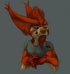 4_fingers anthro arm_tuft beard big_nose black_sclera blood blood_on_face blood_on_hand blood_on_shirt blue_eyes bodily_fluids chin_tuft claws closed_frown clothed clothed_anthro clothed_male clothing ear_tuft elbow_tuft eyebrows facial_hair facial_tuft fingers fur goatee grey_background grey_claws grey_clothing grey_shirt grey_topwear half-closed_eyes humanoid_hands inner_ear_fluff looking_aside looking_away looking_down male male_anthro mane markings mask mohawk muscular muscular_anthro muscular_male narrowed_eyes orange_arms orange_beard orange_body orange_ears orange_eyebrows orange_face orange_facial_hair orange_fingers orange_fur orange_hands orange_mane orange_neck orange_pseudo_hair pink_nose pseudo_hair shirt simple_background solo standing tan_arms tan_body tan_chest tan_face tan_fur tan_markings tan_neck three-quarter_view topwear tuft two_tone_arms two_tone_face two_tone_neck bristol wildstar bitter_(bristol) fan_character chua mammal 2017 bust_portrait colored digital_drawing_(artwork) digital_media_(artwork) portrait shaded