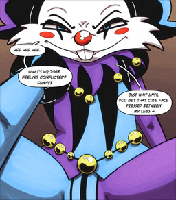 ambiguous_gender buckteeth clothed clothing clown clown_nose dialogue gradient_background jester jester_outfit looking_at_viewer perspective perspective_shot red_nose simple_background solo speech_bubble talking_to_viewer teeth text respecies trevor-fox_(character) mammal mouse murid murine rodent english_text hi_res