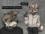 anthro clothed clothing duo ear_piercing male piercing speech_bubble standing text maggotnizer canid canine mammal english_text hi_res