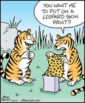 animal_print_clothing anthro biped black_nose clothing countershading detailed_background duo female fur grass humor male male/female outside plant rock sharp_teeth shirt spots striped_body striped_fur stripes teeth text topwear mark_parisi off_the_mark felid mammal pantherine tiger 2010 5:6 comic english_text