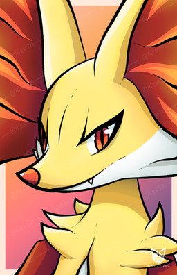 ambiguous_gender anthro arm_tuft big_ears biped cheek_tuft cute_fangs facial_tuft fangs fur gradient_background inner_ear_fluff looking_at_viewer multicolored_body multicolored_fur pupils red_body red_eyes red_fur red_inner_ear_fluff red_nose shoulder_tuft simple_background slit_pupils smile smirk solo teeth three-quarter_view tuft white_body white_fur yellow_body yellow_fur aiex571 nintendo pokemon canid canine delphox generation_6_pokemon mammal pokemon_(species) 2023 absurd_res bust_portrait colored digital_drawing_(artwork) digital_media_(artwork) hi_res icon portrait signature watermark