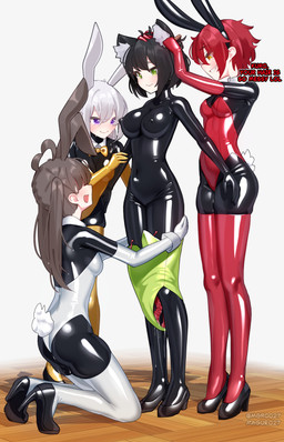 ahoge armwear back_zipper backless_leotard biped black_bodysuit black_clothing black_ears black_eyebrows black_footwear black_latex black_shoes black_skinsuit blush bodily_fluids bodysuit boots bow_tie breasts brown_ears brown_hair bunny_costume closed_smile clothed clothed_female clothed_human clothed_humanoid clothing costume dildo_clothing elbow_gloves eye_through_hair eyebrow_through_hair eyebrows eyelashes eyelashes_through_hair fake_ears fake_rabbit_ears fake_tail female female_human female_humanoid floor floppy_ears footwear form_fitting genital_fluids glistening glistening_armwear glistening_clothing glistening_elbow_gloves glistening_gloves glistening_handwear glistening_latex gloves green_eyes grin group hair hair_over_eyes handwear high_heeled_boots high_heels inner_ear_fluff kneeling kneeling_on_ground latex latex_armwear latex_bodysuit latex_bowtie latex_clothing latex_elbow_gloves latex_gloves latex_handwear latex_legwear latex_skinsuit latex_thigh_highs legwear leotard long_hair looking_at_another medium_breasts mouth_closed name_drop navel_outline nipple_outline nipple_plugs nubbed_dildo open_mouth open_smile personal_grooming pigtails plug_(sex_toy) purple_eyes putting_on_clothes red_armwear red_clothing red_elbow_gloves red_eyebrows red_gloves red_hair red_handwear red_legwear red_leotard red_text red_thigh_highs sex_toy shoes short_hair side_mouth simple_background skinsuit slim_female slim_human slim_humanoid smile squish standing styling_hair sweat sweaty_face text thigh_highs thigh_squish tight_clothing translucent translucent_hair tuft unsure urethral_plug vaginal_fluids white_armwear white_background white_clothing white_ears white_elbow_gloves white_eyebrows white_gloves white_hair white_handwear white_inner_ear_fluff white_legwear white_leotard white_thigh_highs wood wood_floor yellow_armwear yellow_clothing yellow_elbow_gloves yellow_eyes yellow_gloves yellow_handwear yellow_legwear yellow_leotard yellow_thigh_highs mgr0027 animal_humanoid animate_inanimate cat_humanoid felid felid_humanoid feline feline_humanoid human humanoid lagomorph lagomorph_humanoid leporid_humanoid living_clothing mammal mammal_humanoid rabbit_humanoid 2025 absurd_res alternate_version_at_paywall artist_name digital_drawing_(artwork) digital_media_(artwork) english_description english_text hi_res japanese_description watermark