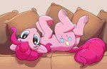 blue_eyes cutie_mark eyebrows eyelashes featureless_crotch female feral hair hooves looking_at_viewer lying on_back pillow pink_body pink_hair pink_tail quadruped solo tail pabbley friendship_is_magic hasbro my_little_pony pinkie_pie_(mlp) earth_pony equid equine horse mammal pony 2023 hi_res