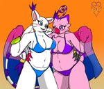 anthro beak big_breasts bikini bikini_thong bisexual_pride_colors blue_eyes blush breasts claws clothing duo ear_tuft fangs feathered_wings feathers female female/female female_anthro flag fur gloves handwear lgbt_pride looking_at_another markings mature_female overweight overweight_female pink_body pink_feathers pride_colors purple_eyes purple_markings slightly_chubby slightly_chubby_female swimwear teeth thick_thighs tuft two-piece_swimsuit whiskers white_body white_fur wings thevgbear bandai_namco digimon angelgatomon_(angelkitty) chica_the_piyomon avian bird biyomon digimon_(species) domestic_cat felid feline felis gatomon mammal