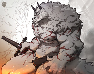 anthro arm_scar arm_tuft asian_clothing blue_eyes bulge chest_scar chest_tuft clothed clothing east_asian_clothing elbow_tuft facial_scar fangs fire fluffy fluffy_hair fluffy_tail fundoshi fundoshi_only fur grey_body grey_fur hair head_tuft holding_melee_weapon holding_object holding_sword holding_weapon japanese_clothing leg_scar light logo male mane mane_hair mature_male melee_weapon muscular muscular_anthro muscular_male nipples pecs scar solo sword tail teeth topless tuft underwear underwear_only weapon internaledge ron_(internaledge) 2026 absurd_res colored digital_media_(artwork) hi_res lighting shaded