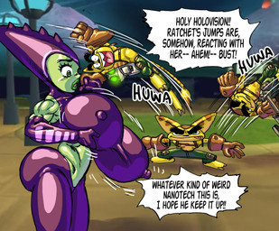 big_breasts breast_expansion breasts erect_nipples expansion female growth huge_breasts jumping male nipple_outline nipples surprised text goudadunn ratchet_and_clank sony_corporation sony_interactive_entertainment ratchet_(ratchet_and_clank) starlene alien lombax mammal absurd_res english_text hi_res