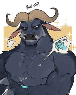 anthro apology band-aid bandage black_nose bovine_ears brown_eyes chest_tuft duo ellipsis feral fur grey_body grey_fur horn kemono looking_at_hand male mature_male muscular muscular_anthro pecs simple_background speech_bubble tan_horn text tuft mudosa_3_1 disney zootopia chief_bogo gary_de'snake bovid bovine cape_buffalo mammal pit_viper reptile scalie snake viper 2025 colored english_text hi_res shaded