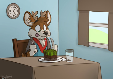 antlers beverage building clock clothing cutlery dinner eating fork furniture glass green_eyes horn house kitchen_utensils knife male plate solo table tools water tinydeerguy darwin_(tinydeerguy) deer mammal