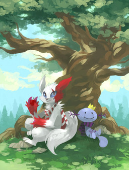 against_natural_surface against_surface against_tree ambiguous_gender anthro apple black_nose black_scarf blue_body blue_eyes blue_sky claws clothing cloud crown day detailed_background dot_eyes duo external_gills feral food fruit fur gills grass grin headgear holding_apple holding_food holding_fruit holding_object looking_at_viewer multicolored_scarf outside pattern_clothing pattern_scarf plant purple_claws purple_scarf red_body red_fur red_scarf rock scarf simple_eyes sitting sitting_on_ground sky smile striped_clothing striped_scarf stripes tail tree two_tone_scarf white_body white_fur white_scarf yassui nintendo pokemon aquatic generation_2_pokemon generation_3_pokemon mammal pokemon_(species) wooper zangoose 2014 digital_media_(artwork) digital_painting_(artwork) hi_res painting_(artwork) shaded
