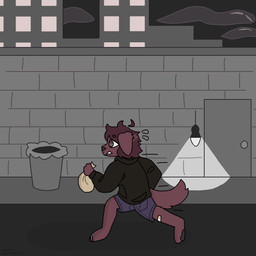 3_toes ambiguous_gender anthro bag barefoot black_clothing black_hoodie black_pawpads black_topwear blue_bottomwear blue_clothing blue_shorts bodily_fluids bottomwear brick_wall brown_body brown_fur brown_hair building clothing cloud door feet floppy_ears flying_sweatdrops fur hair hoodie lamp night outside pawpads paws running shorts sidewalk solo street sweat sweatdrop toes topwear trash_can wall_(structure) ashblondekittyy rex_(ashblondekittyy) canid canine canis domestic_dog mammal 1:1 trans_(lore) trans_man_(lore)