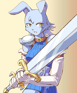 anthro armor armwear clothing elbow_gloves female fur gloves grey_body grey_fur hair handwear holding_object holding_weapon knight melee_weapon shoulder_pads simple_background solo sword warrior weapon yellow_eyes zweihander g-sun lagomorph leporid mammal rabbit 5:6 digital_media_(artwork) oekaki