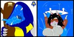 2_horns ambiguous_gender ambiguous_pred anthro anthro_prey blue_body bodily_fluids claws cutaway drooling duo feet_first female female/ambiguous female_prey feral feral_pred fin forked_tongue fully_inside head_fin horn internal larger_pred logo mouth_shot open_mouth oral_vore saliva scales simple_background size_difference soft_vore swallowing tongue vore white_background yellow_body yellow_scales umiriko_(artist) mythology umiriko aquatic_dragon canid canine dragon fox mammal marine mythological_creature mythological_scalie scalie 2008 hi_res