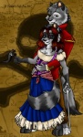 anthro bone duo female flag jolly_roger male male/female map melee_weapon pirate skull skull_and_crossbones sword tail text weapon glitterwing malkil canid canine canis mammal procyonid raccoon wolf english_text