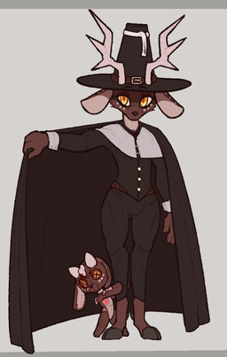 aged_up anthro antlers brown_body button_(fastener) button_eyes cloak clothed clothing duo hooves horn male occult_symbol orange_eyes plushie puritan satanic_symbol symbol yellow_eyes trufzn erlik_(tfzn) animate_inanimate deer living_plushie mammal absurd_res hi_res