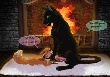 after_oral after_sex ambiguous_gender animal_genitalia bell bell_collar black_body black_fur black_nose bodily_fluids collar cum cum_on_penis cum_on_snout cum_string dialogue duo erection feline_genitalia feral feral_on_feral fire fireplace fluffy fluffy_tail fur genital_fluids genitals green_eyes interspecies male orange_body orange_fur penile_spines penis purple_eyes rug saliva saliva_on_penis size_difference speech_bubble tail text tongue rukifox karmal ruki_(rukifox) canid canine felid feline fox mammal pantherine 2013 english_text