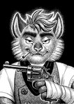 anthro bad_trigger_discipline bandage bandaged_hand cigarette cigarette_in_mouth clenched_teeth clothed clothing fangs front_view fur gun hair half-closed_eyes handgun holding_gun holding_handgun holding_object holding_ranged_weapon holding_revolver holding_weapon looking_at_viewer male narrowed_eyes object_in_mouth ranged_weapon revolver shirt solo teeth topwear vest weapon wraps nikraccoom lackadaisy nicodeme_savoy domestic_cat felid feline felis mammal 2023 hi_res monochrome portrait