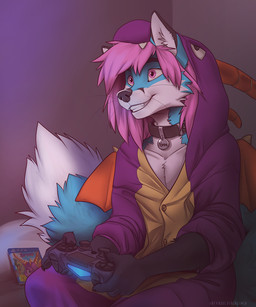 5_fingers anthro arms_bent black_body black_fur black_nose blue_body blue_fur clothing collar collar_tag controller detailed_background dipstick_tail fingers fur game_case game_controller gaming hair holding_controller holding_game_controller holding_object male markings media_case multicolored_body multicolored_fur multicolored_tail onesie pink_eyes pink_hair playing_video_game playstation_controller playstation_logo sitting smile solo tail tail_markings white_body white_fur wireless_controller koul activision dualshock dualshock_4 playstation playstation_4 sony_corporation sony_interactive_entertainment spyro_reignited_trilogy spyro_the_dragon nyaaa_foxx spyro canid canine fox mammal 5:6 digital_media_(artwork)