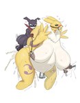 absurd_res anthro areola balls bandai_namco belly big_belly big_breasts biped bodily_fluids breasts clenched_teeth cum cum_inside digimon digimon_(species) duo erection female female_penetrated from_behind_position genital_fluids genitals hi_res huge_breasts humanoid im51nn5 impmon male male/female male_penetrating male_penetrating_female motion_blur muzzle_(object) muzzled navel navel_piercing nipple_leash nipple_piercing nipple_piercing_pull nipples overweight penetration penile penile_penetration penis perching_position piercing pregnant pregnant_anthro pregnant_female renamon sex simple_background teeth thick_thighs white_background