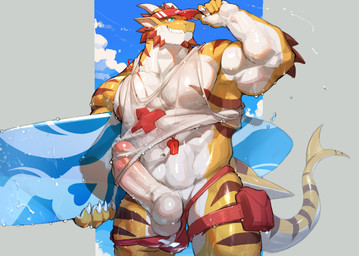 abs anthro balls barazoku beach biceps big_balls big_muscles big_penis bodily_fluids clothed clothing erection forearm_muscles genital_fluids genitals glans green_eyes horn humanoid_genitalia humanoid_penis lifeguard male mostly_nude muscular muscular_anthro muscular_male outside pecs penis precum red_clothing scales shirt solo speedo_down surfboard swimwear tail tank_top teeth text topwear translucent translucent_clothing translucent_shirt translucent_tank_top translucent_topwear wet wet_body white_clothing white_shirt white_topwear yellow_body yellow_scales dendryte_axxon dragon_island european_mythology mythology henry_heimlich aquatic dragon fish hybrid mythological_creature mythological_scalie scalie shark western_dragon absurd_res alternate_version_at_source digital_media_(artwork) hi_res portrait three-quarter_portrait